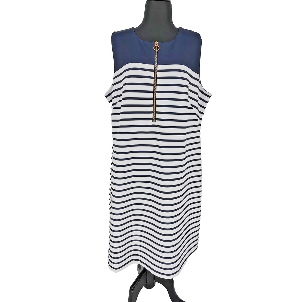 Michael Kors Woman's Blue Striped Shift Dress Size 2X Ponte Knit Exposed Zipper